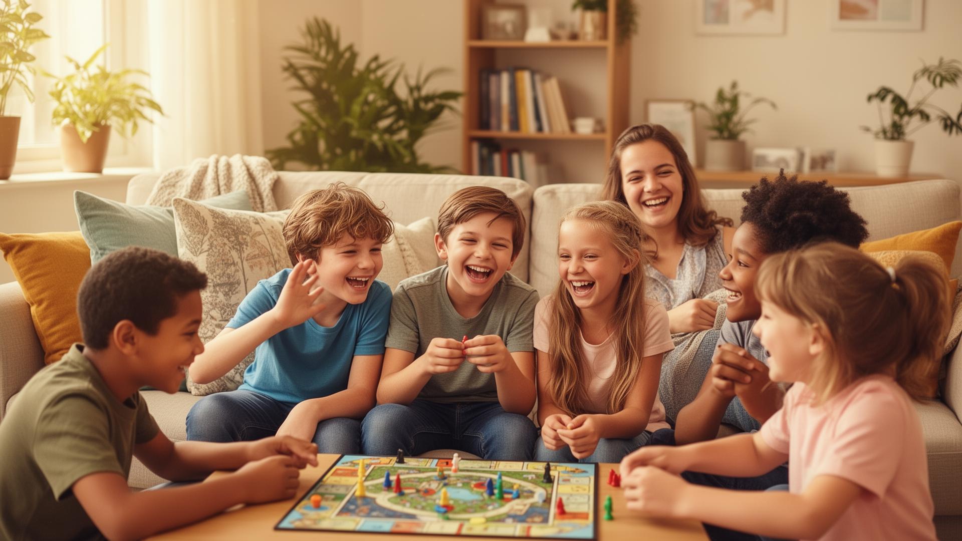 Children laughing together while playing a board game in a warm, homely living room